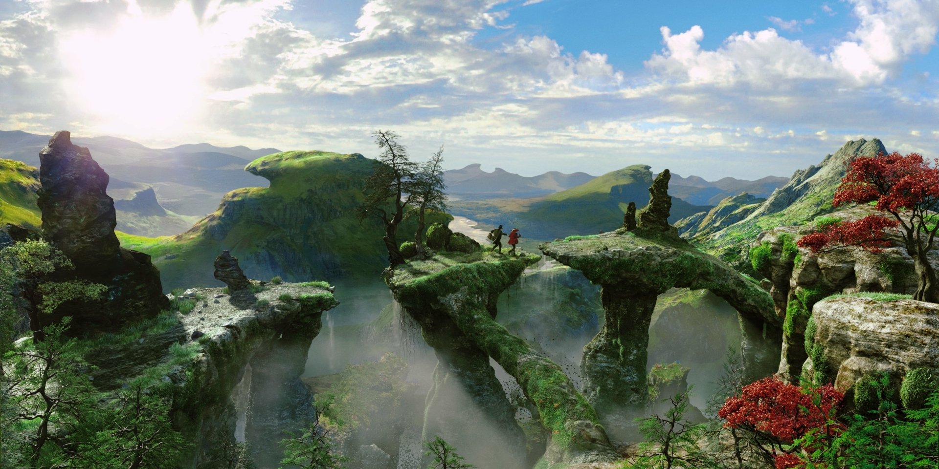 4K Ultra HD PC desktop wallpaper from the movie Oz the Great and Powerful: two figures on moss-covered stone arches above misty emerald valleys under a bright sky.