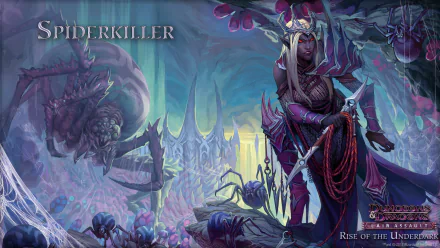 HD PC Dungeons & Dragons fantasy desktop wallpaper: a purple-clad drow sorceress stands among giant spiders and webbed caverns, gothic spires glowing behind her; title reads Spiderkiller.