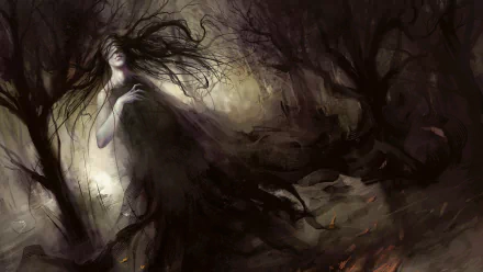 Man-made Magic: The Gathering HD PC desktop wallpaper and background depicting a haunting, shadowy specter emerging from a gnarled forest, smoke-like tendrils and drifting leaves.