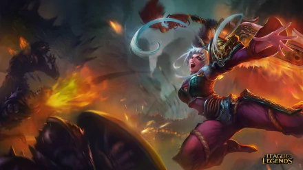 An action-packed HD wallpaper featuring Riven from League of Legends, showcasing her dynamic pose against a vibrant and chaotic background.