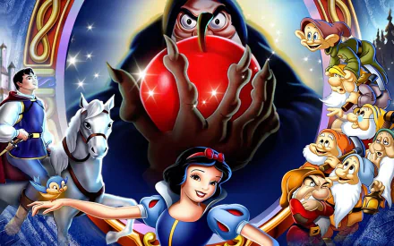 HD PC desktop wallpaper featuring characters from the movie Snow White and the Seven Dwarfs, including Snow White, the dwarfs, the prince, and the evil queen.