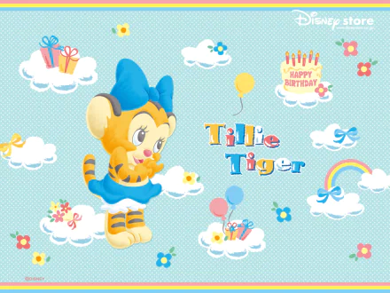 A vibrant HD wallpaper featuring Tillie Tiger, a cute Disney character, celebrating a birthday with balloons, gifts, and a cheerful background of clouds and flowers.