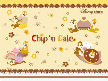 HD Disney Store Chip 'n' Dale movie wallpaper featuring adorable Chip and Dale with floral patterns on a soft beige background, designed for PC desktops.