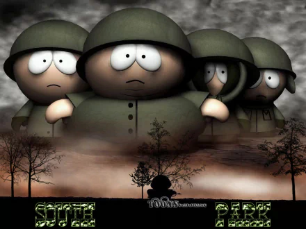 HD South Park desktop wallpaper featuring Kyle Broflovski, Stan Marsh, Eric Cartman, and Kenny McCormick dressed in military uniforms against a dark, foggy background.