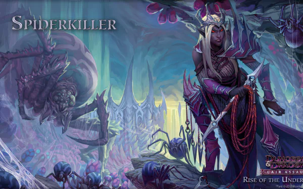 HD PC Dungeons & Dragons fantasy desktop wallpaper: a purple-clad drow sorceress stands among giant spiders and webbed caverns, gothic spires glowing behind her; title reads Spiderkiller.
