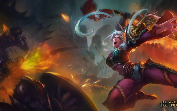 An action-packed HD wallpaper featuring Riven from League of Legends, showcasing her dynamic pose against a vibrant and chaotic background.