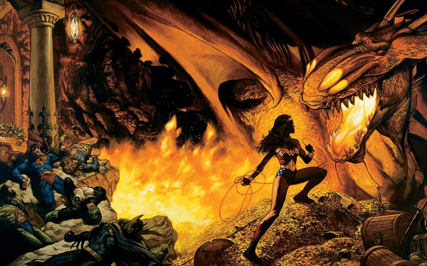 Wonder Woman confronts a fierce dragon in a dramatic comic scene, surrounded by treasure and chaos, making this an captivating HD PC desktop wallpaper.