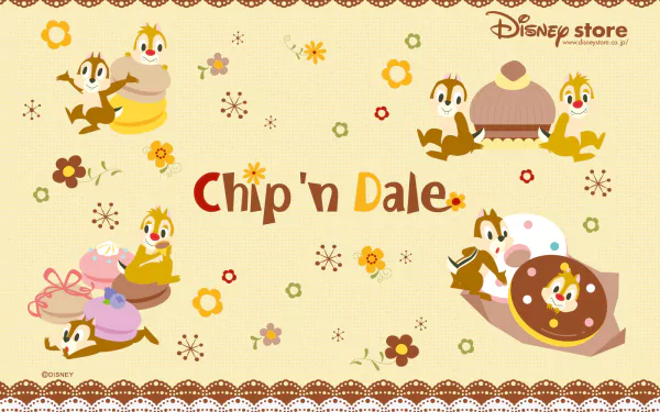 HD Disney Store Chip 'n' Dale movie wallpaper featuring adorable Chip and Dale with floral patterns on a soft beige background, designed for PC desktops.