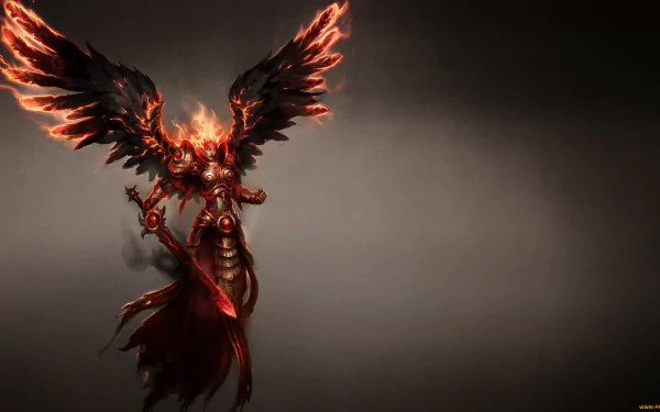 HD desktop wallpaper featuring a fiery winged creature from the video game Might & Magic Heroes VI, set against a dark, smoky background.
