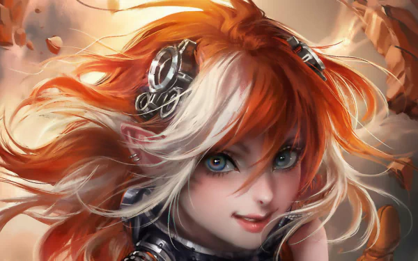 HD wallpaper featuring a fantasy elf with flowing orange hair and striking blue eyes, adorned with intricate silver headgear.