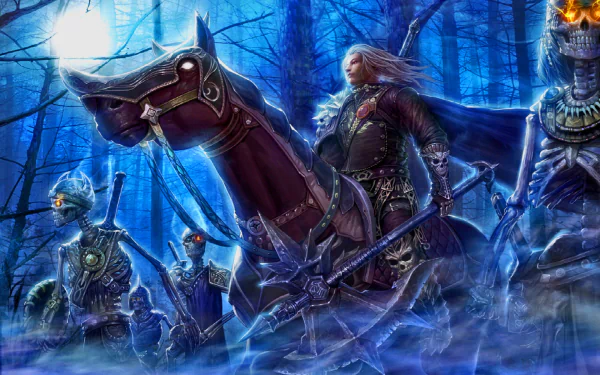 A dark fantasy scene featuring a mysterious figure on a horse, accompanied by skeletal warriors, set against a moonlit, eerie forest backdrop. HD desktop wallpaper.