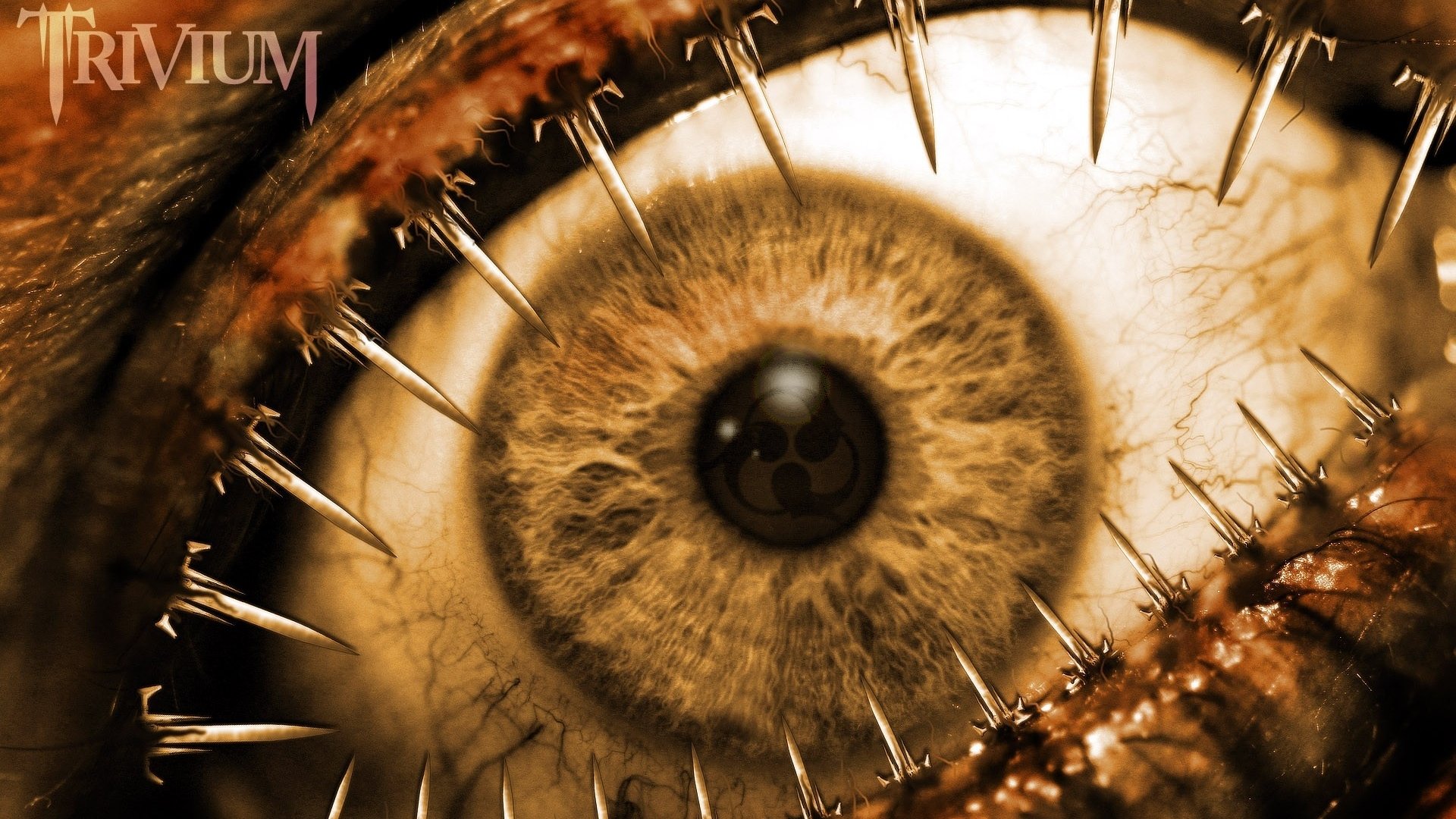 HD PC wallpaper: extreme close-up of a bloodshot eye pierced by metal staples, gritty dark metalcore aesthetic referencing TriviuM and music.