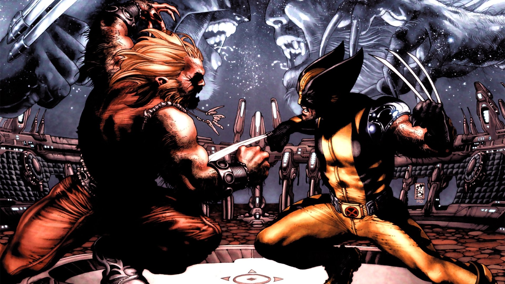 HD PC desktop wallpaper featuring a dynamic comic-style battle between X-Men characters Wolverine and Sabretooth.
