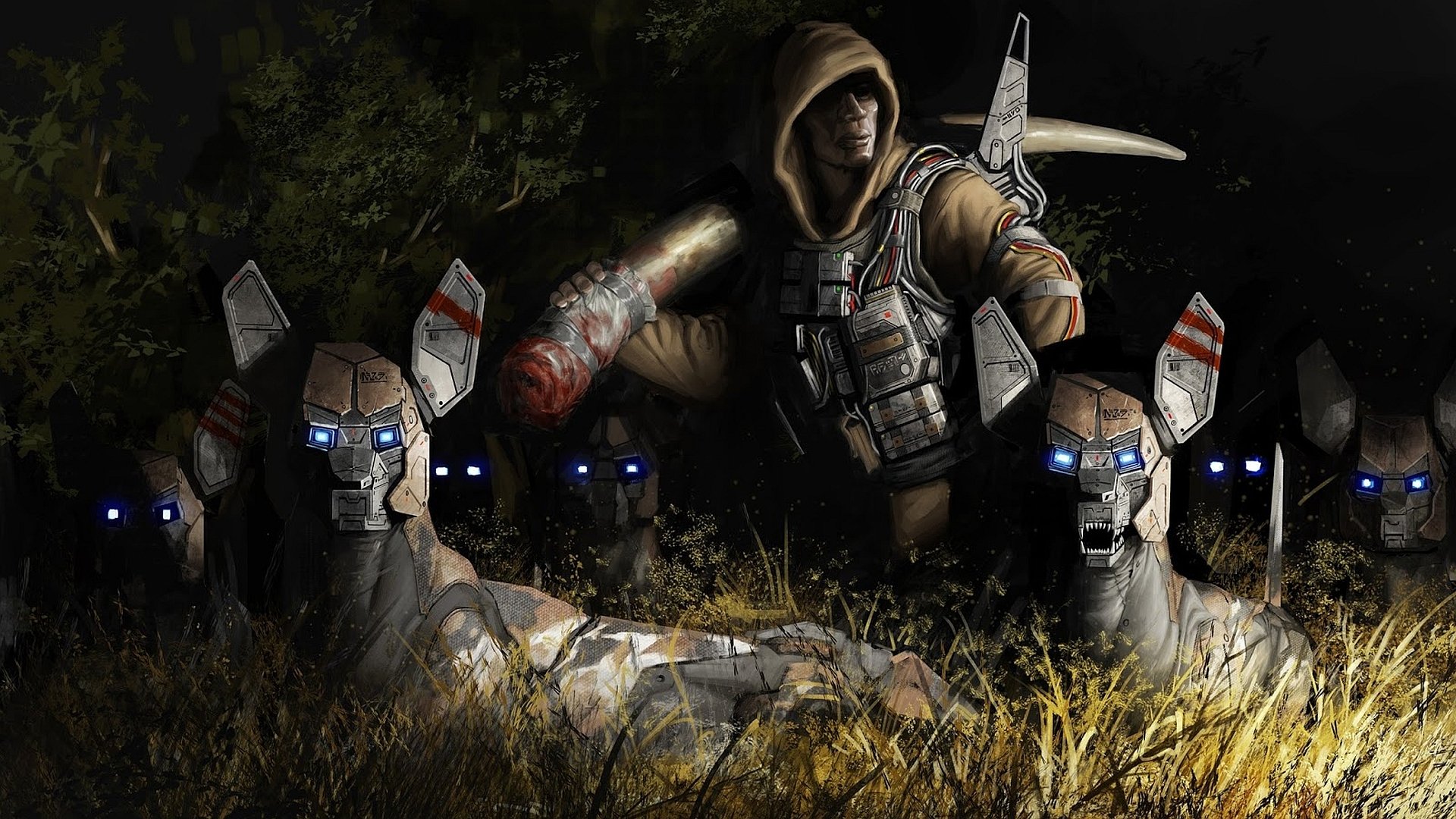A mysterious figure in a hooded jacket wields a weapon amidst robotic dogs, set in a lush, dark environment. This sci-fi image serves as an HD desktop wallpaper and background.