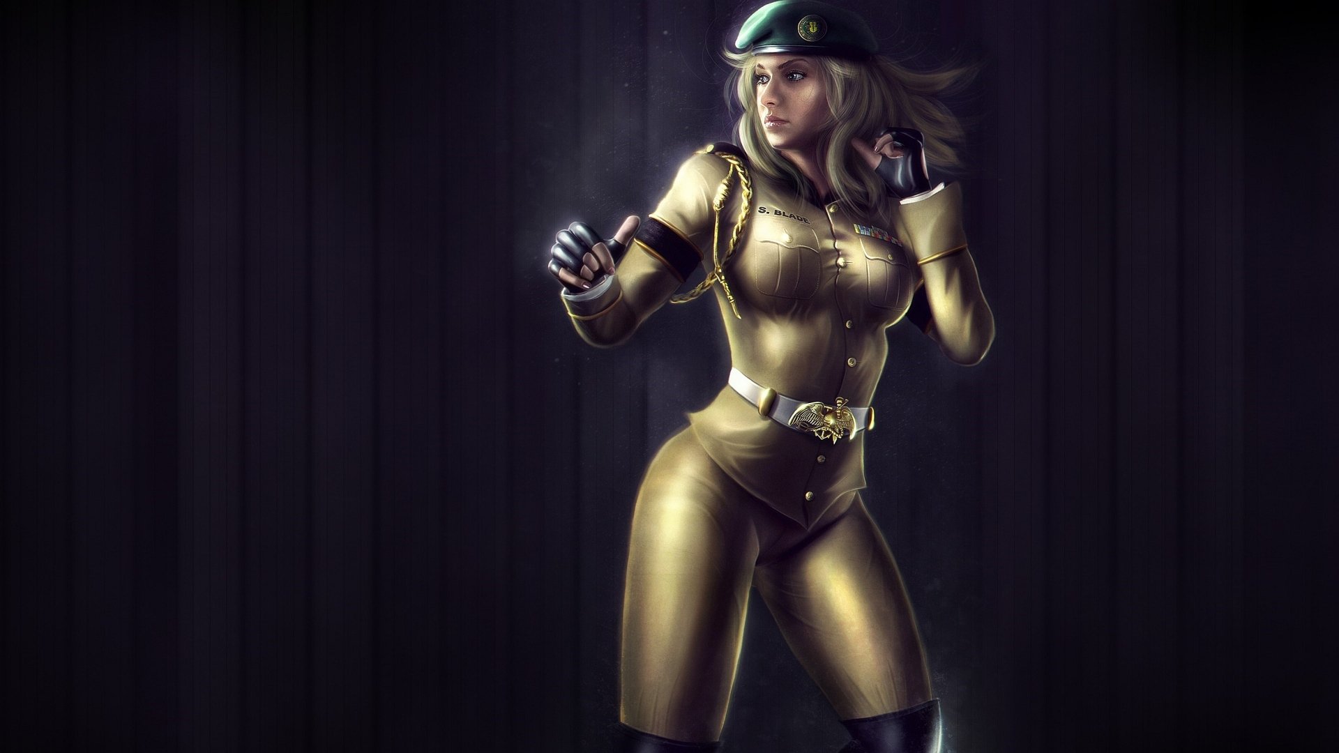 A high-definition desktop wallpaper featuring a female character from Mortal Kombat, dressed in a striking gold outfit and poised for action against a dark background.
