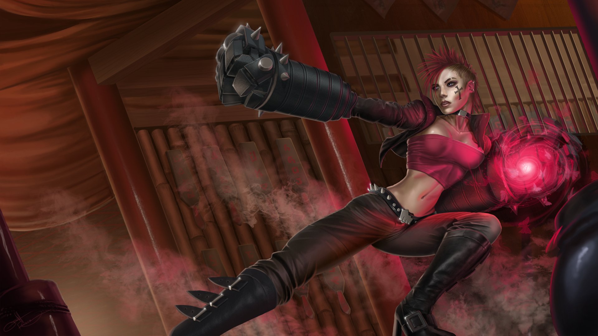 HD desktop wallpaper featuring VI from League of Legends, showcasing her in dynamic action with glowing gauntlet in a stylized video game environment.