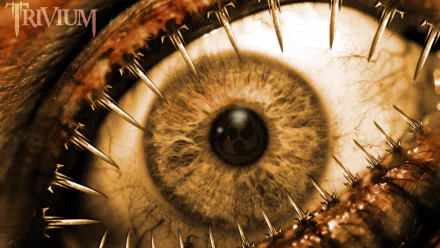 HD PC wallpaper: extreme close-up of a bloodshot eye pierced by metal staples, gritty dark metalcore aesthetic referencing TriviuM and music.