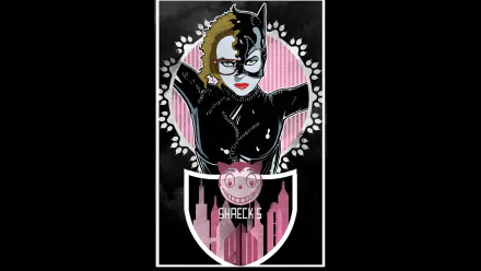 HD PC desktop wallpaper background of Catwoman from the movie Batman Returns: glossy black-clad Catwoman framed by pink stripes, laurel motif and a silhouetted Gotham skyline.