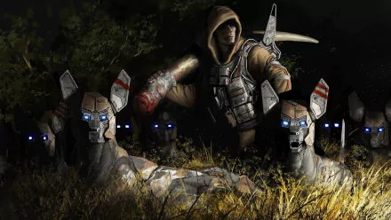 A mysterious figure in a hooded jacket wields a weapon amidst robotic dogs, set in a lush, dark environment. This sci-fi image serves as an HD desktop wallpaper and background.