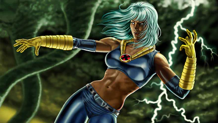 HD PC desktop wallpaper of Marvel’s Storm from the video game X-Men: Legends, depicted with lightning powers and dynamic pose against a dark, stormy background.