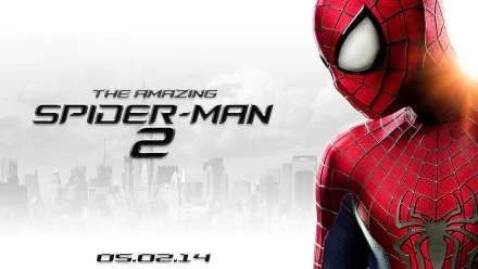 HD desktop wallpaper featuring Spider-Man from The Amazing Spider-Man 2 with a misty cityscape background and the movie's release date, 05.02.14.