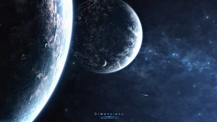 A captivating HD desktop wallpaper featuring a Sci-Fi space scene, showcasing two planets amidst a starry backdrop, embodying the theme of dimensions.