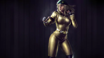 A high-definition desktop wallpaper featuring a female character from Mortal Kombat, dressed in a striking gold outfit and poised for action against a dark background.
