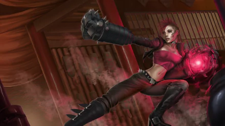 HD desktop wallpaper featuring VI from League of Legends, showcasing her in dynamic action with glowing gauntlet in a stylized video game environment.