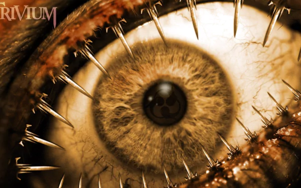 HD PC wallpaper: extreme close-up of a bloodshot eye pierced by metal staples, gritty dark metalcore aesthetic referencing TriviuM and music.