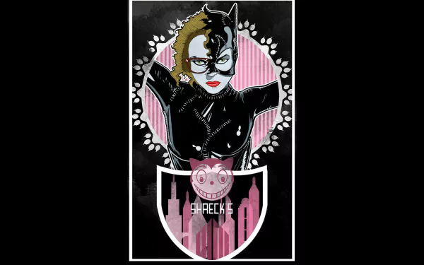 HD PC desktop wallpaper background of Catwoman from the movie Batman Returns: glossy black-clad Catwoman framed by pink stripes, laurel motif and a silhouetted Gotham skyline.