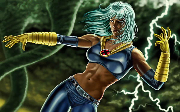 HD PC desktop wallpaper of Marvel’s Storm from the video game X-Men: Legends, depicted with lightning powers and dynamic pose against a dark, stormy background.