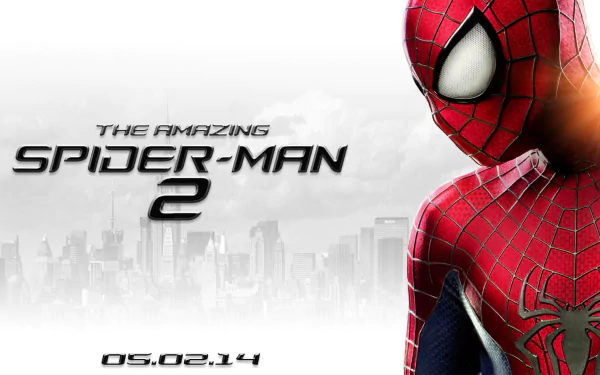 HD desktop wallpaper featuring Spider-Man from The Amazing Spider-Man 2 with a misty cityscape background and the movie's release date, 05.02.14.