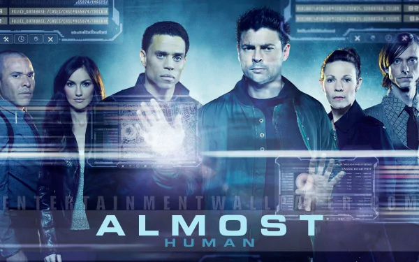 HD desktop wallpaper featuring the cast of Almost Human, with a prominent display of Karl Urban, designed for fans of the series.
