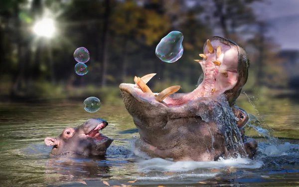 HD PC desktop wallpaper featuring two hippos playing in water with bubbles floating around, set against a blurred natural background at dusk.