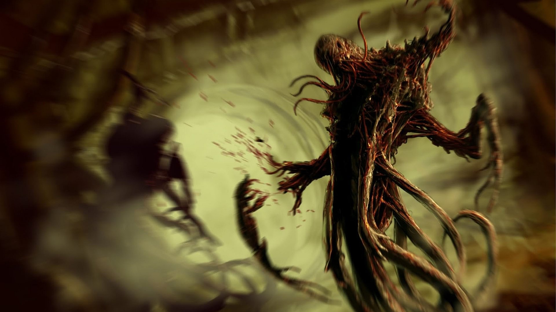 HD PC desktop wallpaper from the video game Dead Space 3, featuring a dark, twisted necromorph creature with tentacle-like limbs in a haunting atmosphere.
