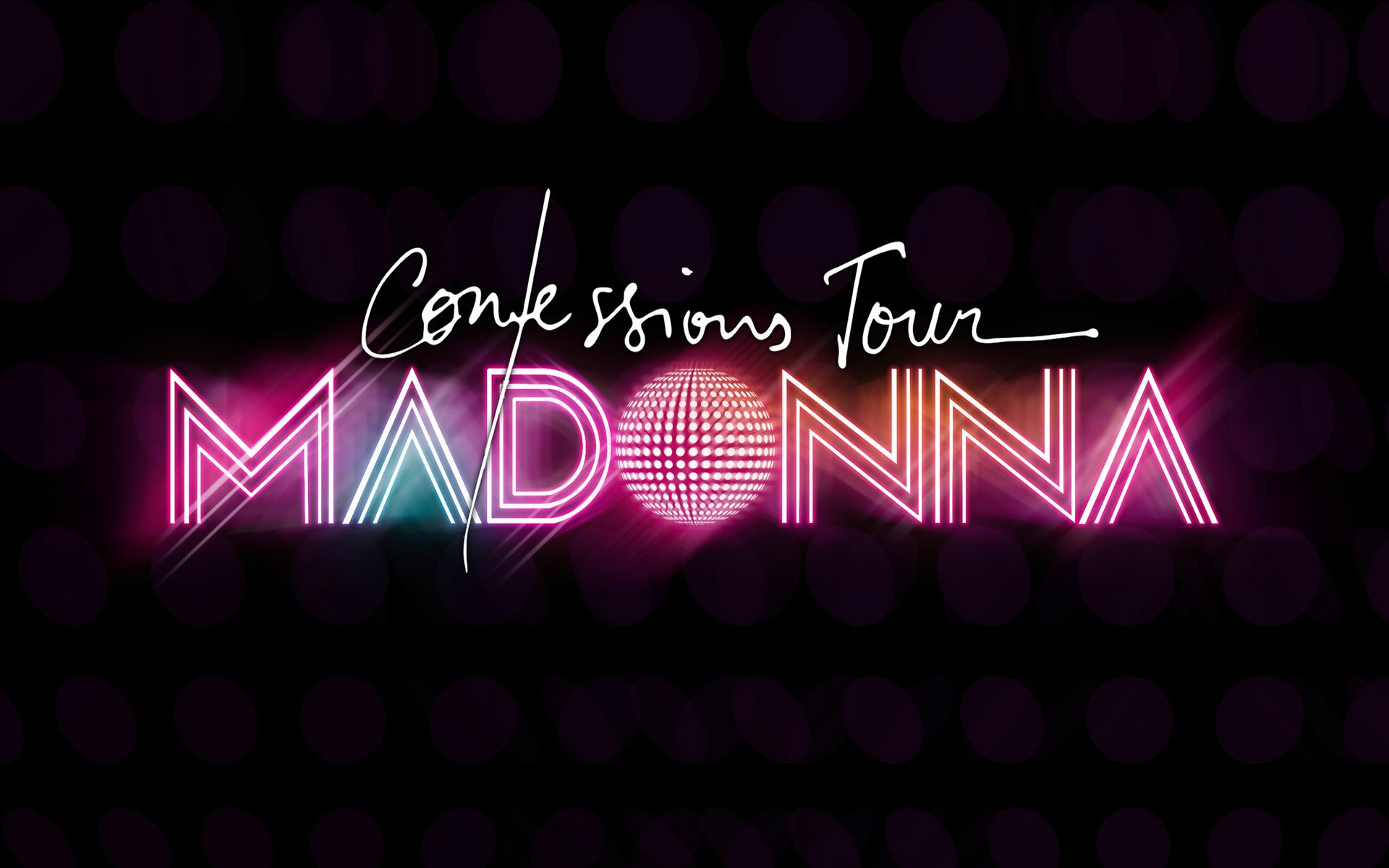HD PC desktop wallpaper: neon Confessions Tour script above glowing MADONNA logo on a dark dotted background, music tour–style desktop background.