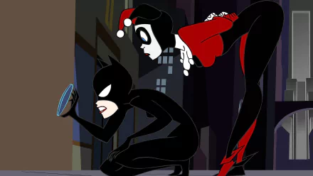 Harley Quinn and Catwoman team up in this vibrant comic-style wallpaper, showcasing their adventures in Gotham City. A striking blend of action and bold colors.