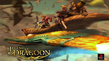 HD PC desktop wallpaper featuring characters from the video game The Legend of Dragoon riding a dragon above a fiery landscape.