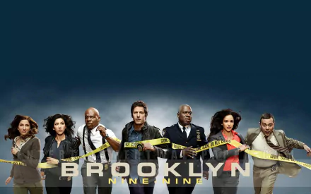HD desktop wallpaper featuring the main characters of 'Brooklyn Nine-Nine' with a dark blue background.
