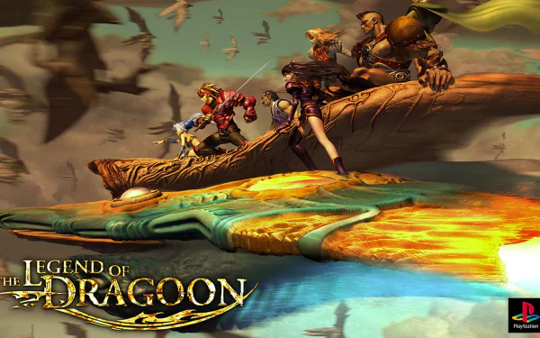 HD PC desktop wallpaper featuring characters from the video game The Legend of Dragoon riding a dragon above a fiery landscape.