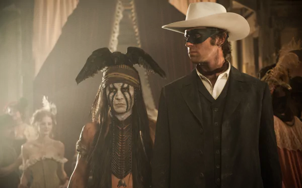 HD desktop wallpaper featuring Johnny Depp as Tonto and Armie Hammer as John Reid from the movie The Lone Ranger.
