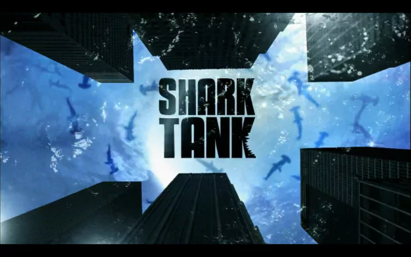 HD wallpaper featuring Shark Tank title with a sharks and skyscrapers background.