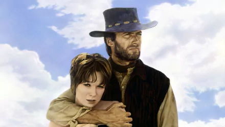 HD desktop wallpaper featuring Clint Eastwood and Shirley MacLaine from the movie Two Mules for Sister Sara against a bright sky background.