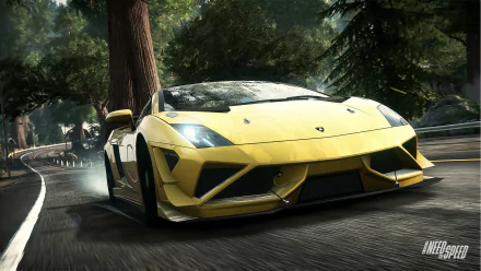 A high-definition PC desktop wallpaper featuring an iconic yellow Lamborghini speeding along a winding road surrounded by trees, inspired by the video game Need For Speed: Rivals.