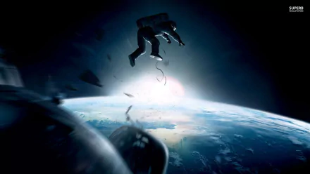 An astronaut floats in the vastness of space above Earth, capturing the suspenseful essence of the movie Gravity (2013) in this HD desktop wallpaper.
