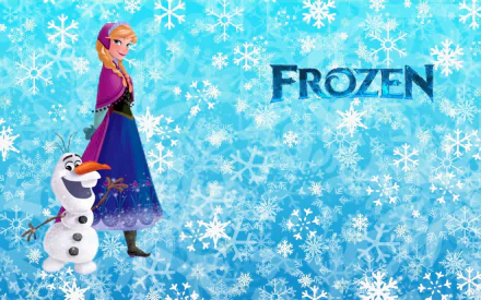 HD desktop wallpaper featuring Anna and Olaf from Disney's Frozen movie on a snowflake-adorned blue background with the title Frozen.