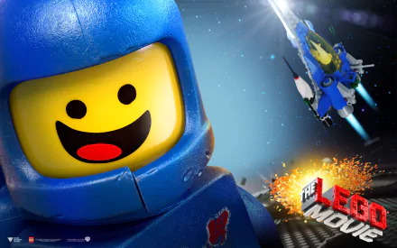 A vibrant HD wallpaper featuring Benny from *The Lego Movie* alongside a colorful spaceship, showcasing the playful spirit of the film with dynamic text elements.