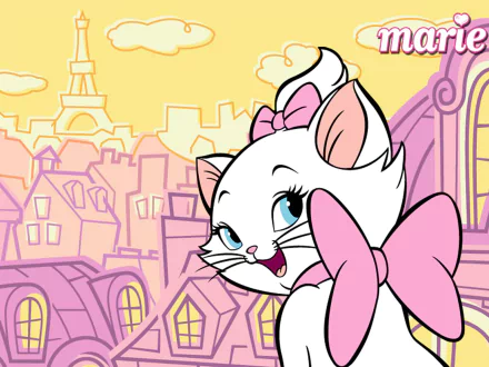 HD PC desktop wallpaper featuring Marie, the white kitten from the movie The Aristocats, set against a pastel Paris cityscape background.