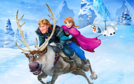 HD desktop wallpaper from Frozen featuring Kristoff, Anna riding Sven, and Olaf in a snowy landscape.