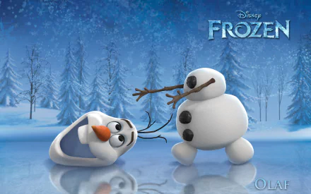 HD desktop wallpaper of Olaf from Disney's Frozen, playfully lying on icy ground with winter forest background.